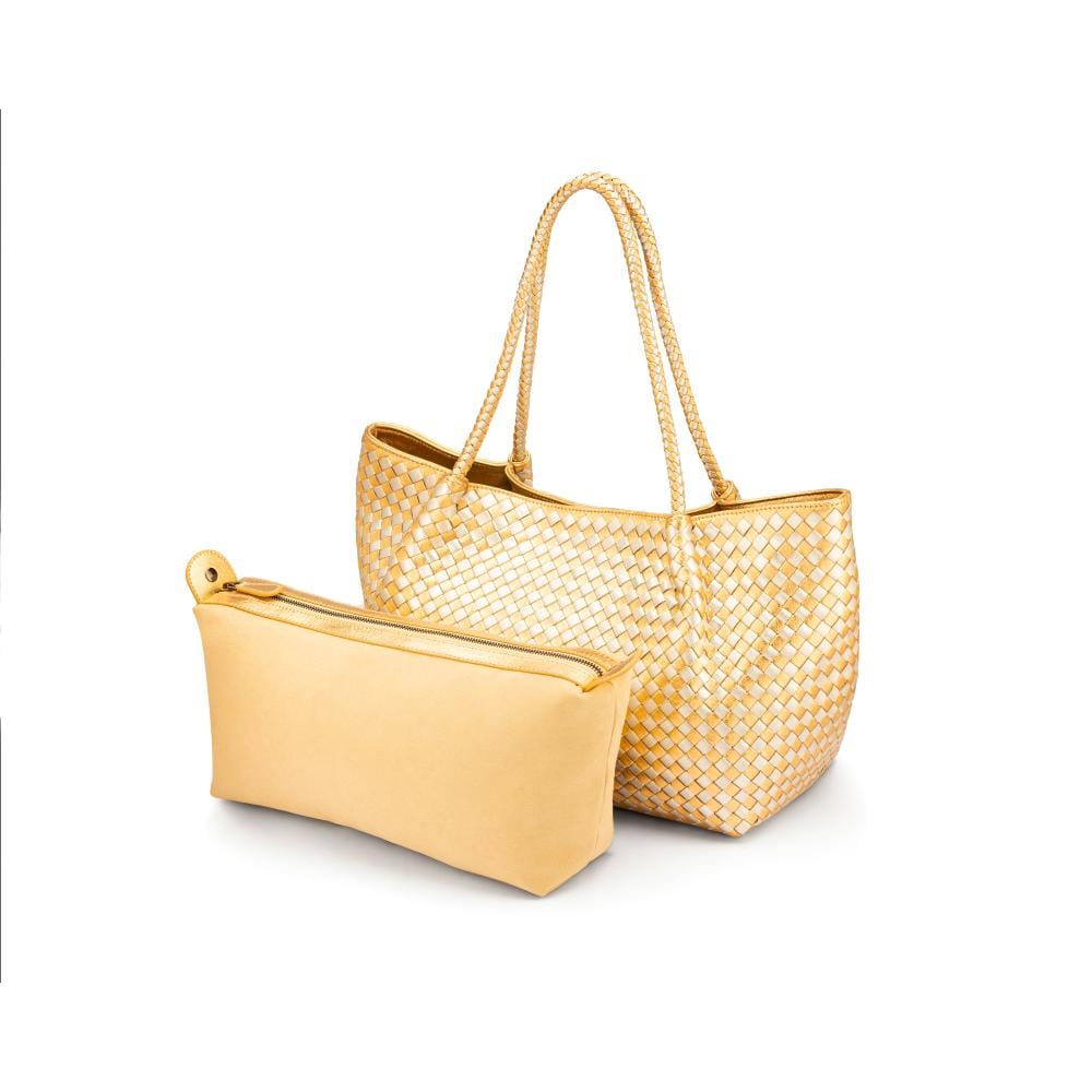 Woven leather slouchy bag, gold and silver, with detachable inner bag