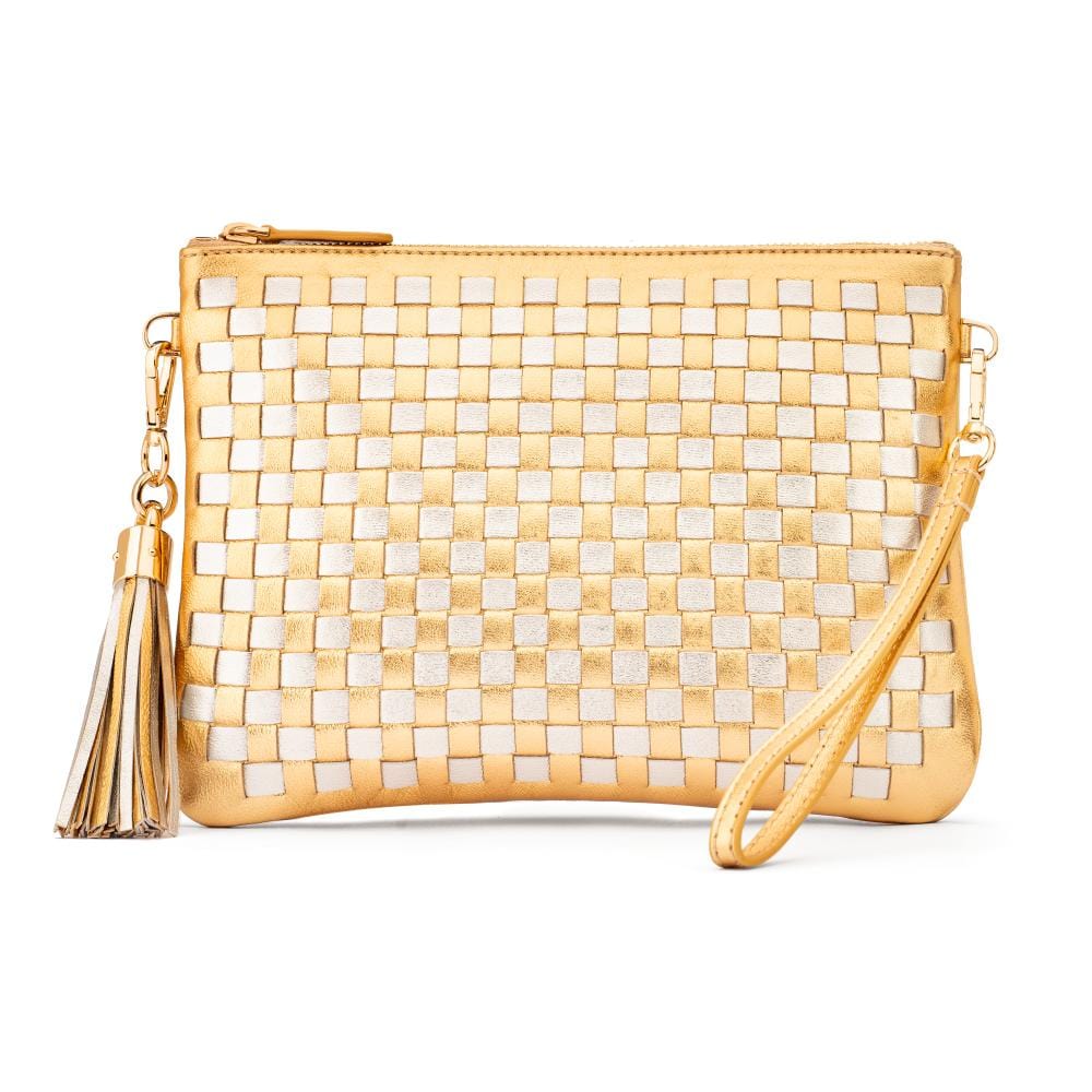 Leather woven cross body bag, gold and silver, front view