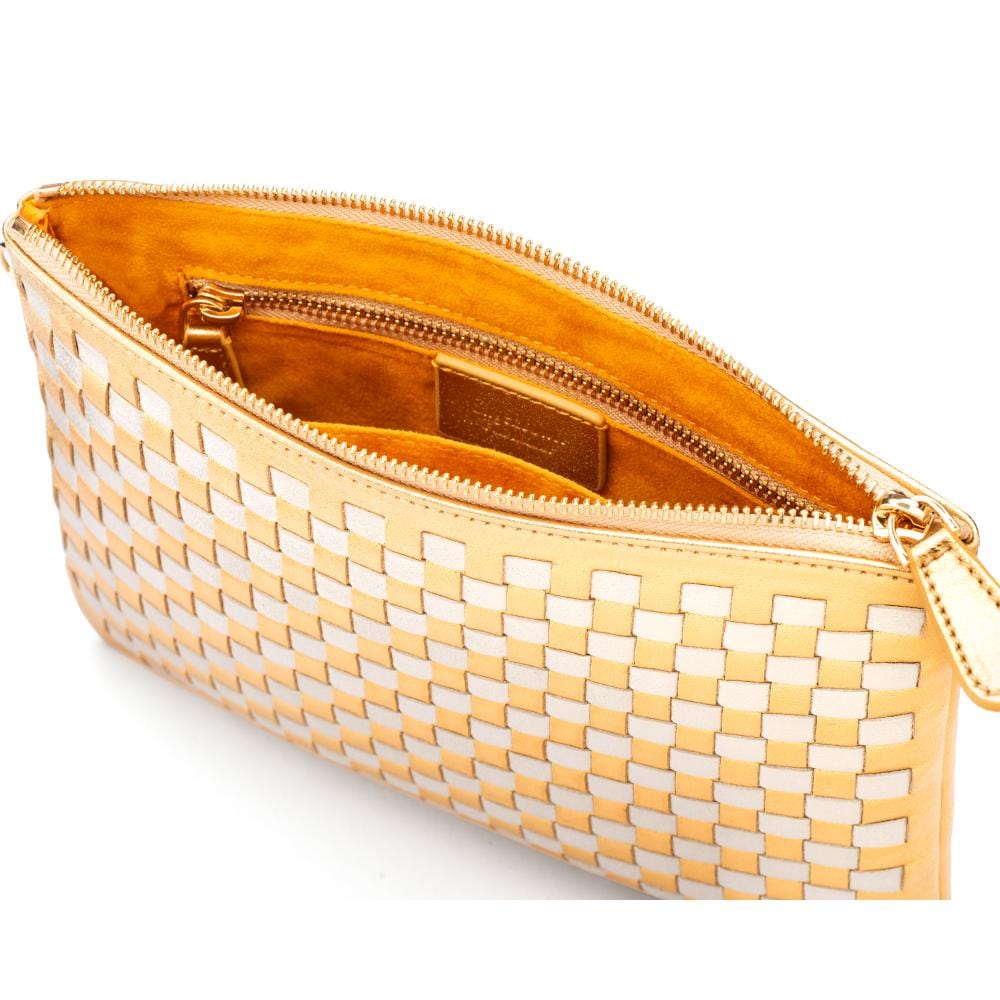 Leather woven cross body bag, gold and silver, inside