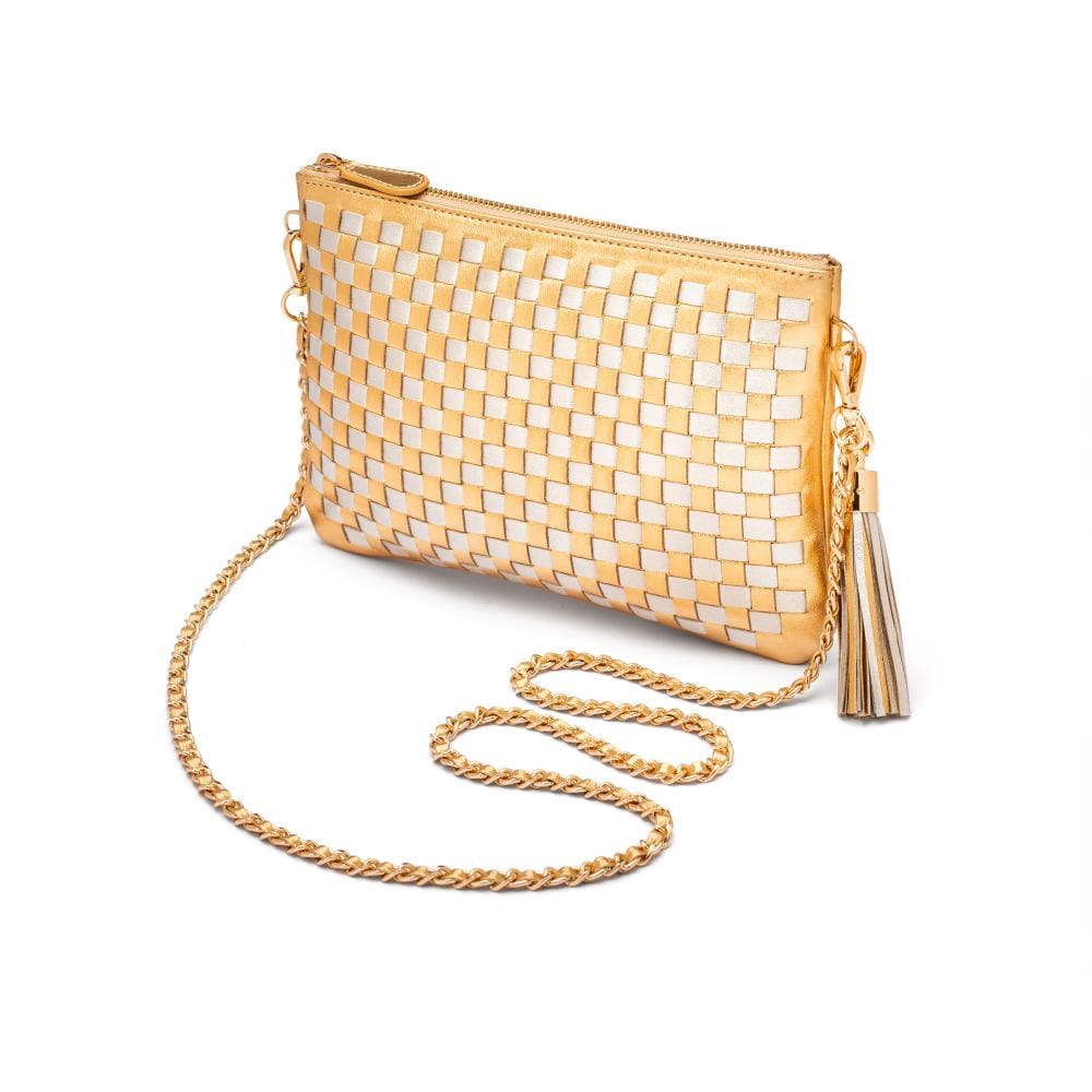 Leather woven cross body bag, gold and silver, side