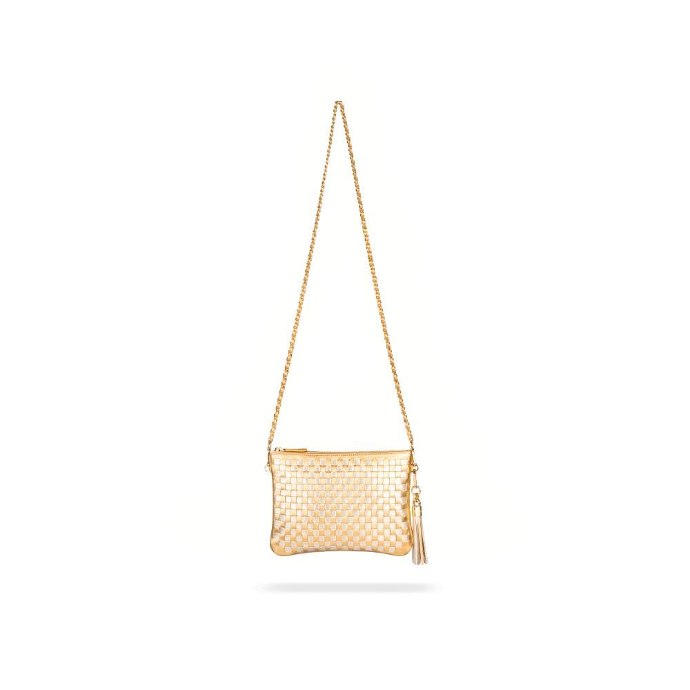 Leather woven cross body bag, gold and silver, with long chain strap