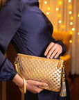 Leather woven cross body bag, gold and silver, lifestyle