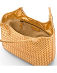 Woven leather shoulder bag, gold, open