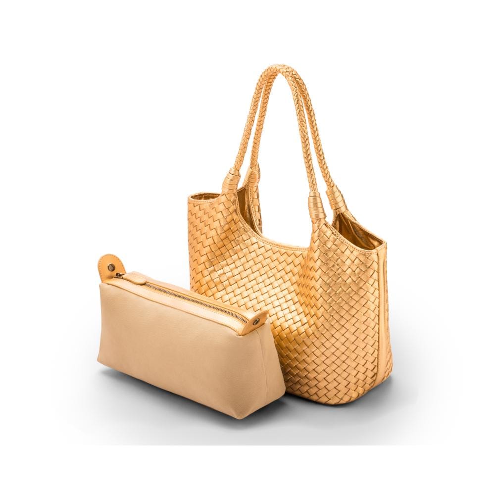 Woven leather shoulder bag, gold, detachable inner bag