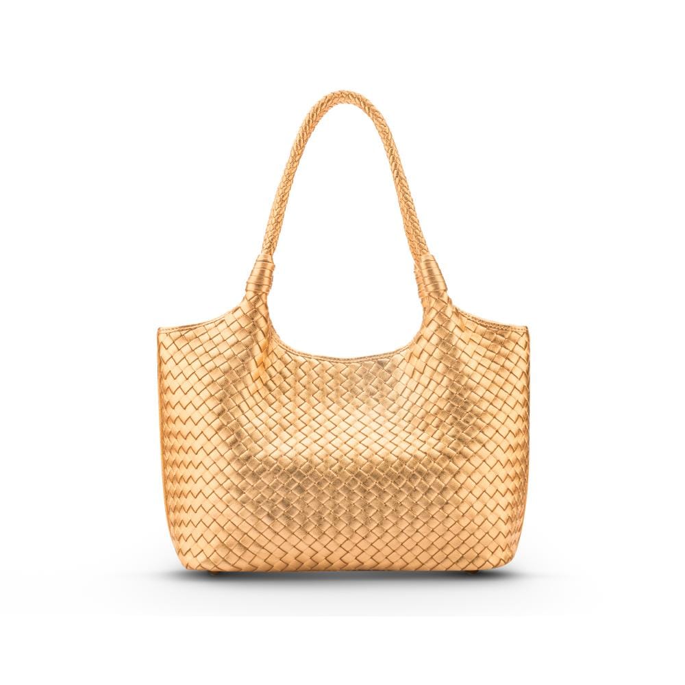 Woven leather shoulder bag, gold, front