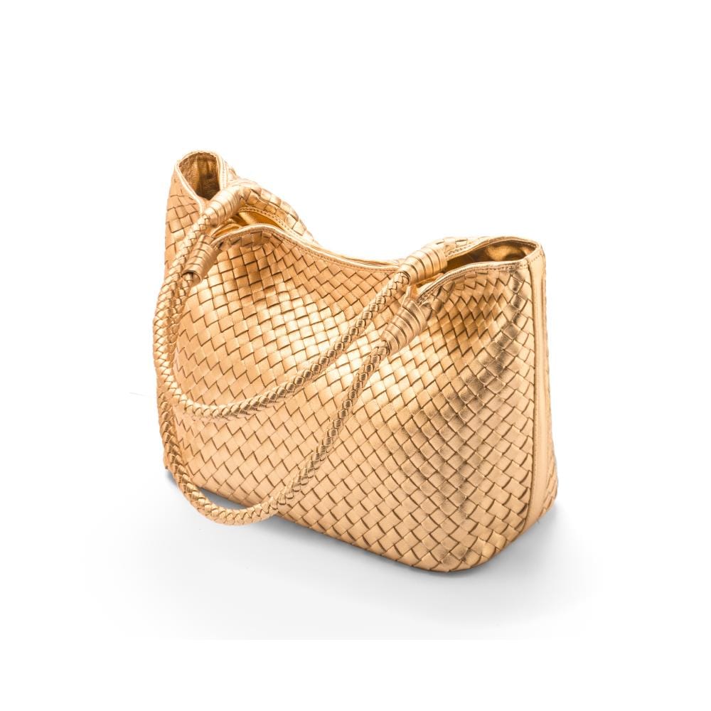 Leather Shoulder Bag, Gold | Woven Bag | SageBrown