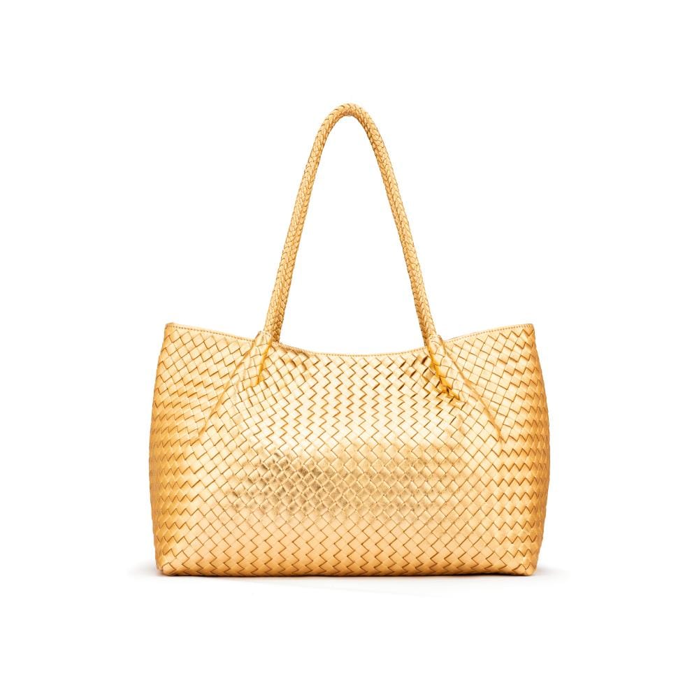 Woven leather slouchy bag, gold, front
