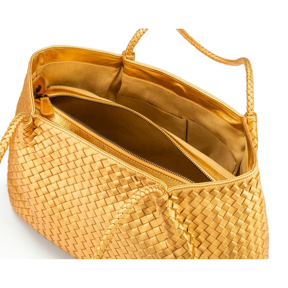 Woven leather slouchy bag, gold, inside