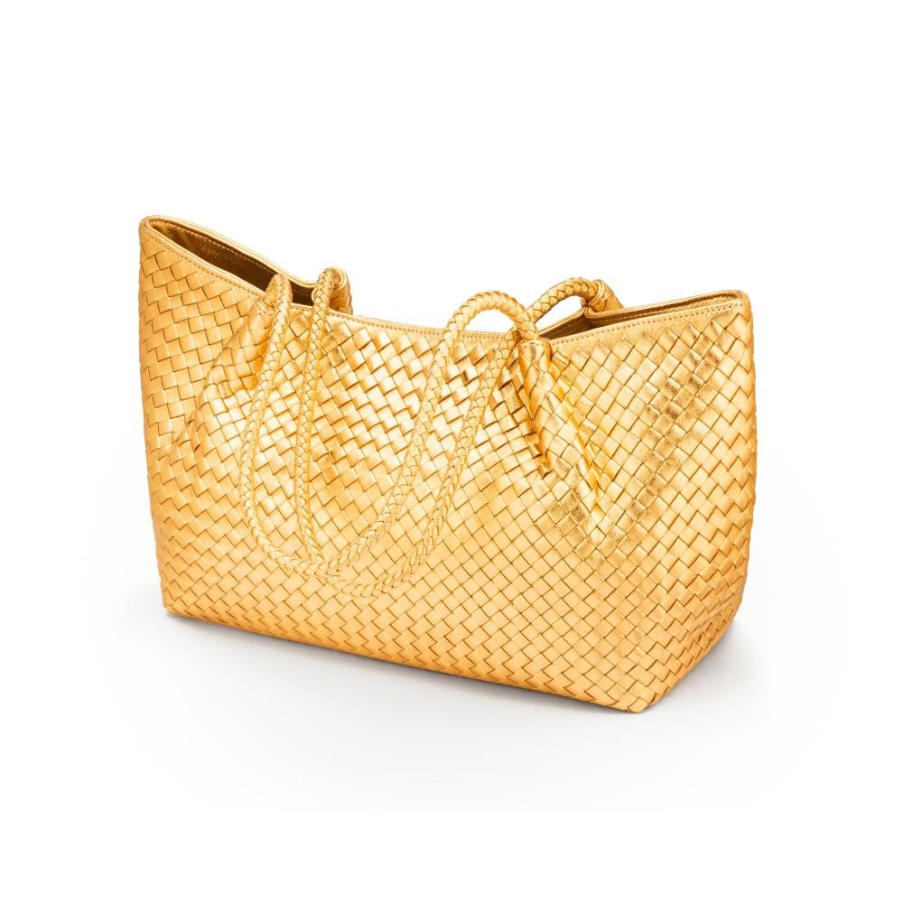 Woven leather slouchy bag, gold, side