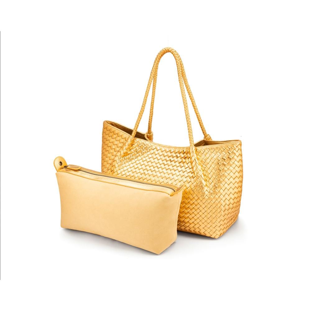 Woven leather slouchy bag, gold, with detachable inner bag