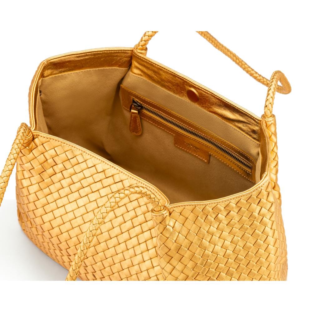 Woven leather slouchy bag, gold, open