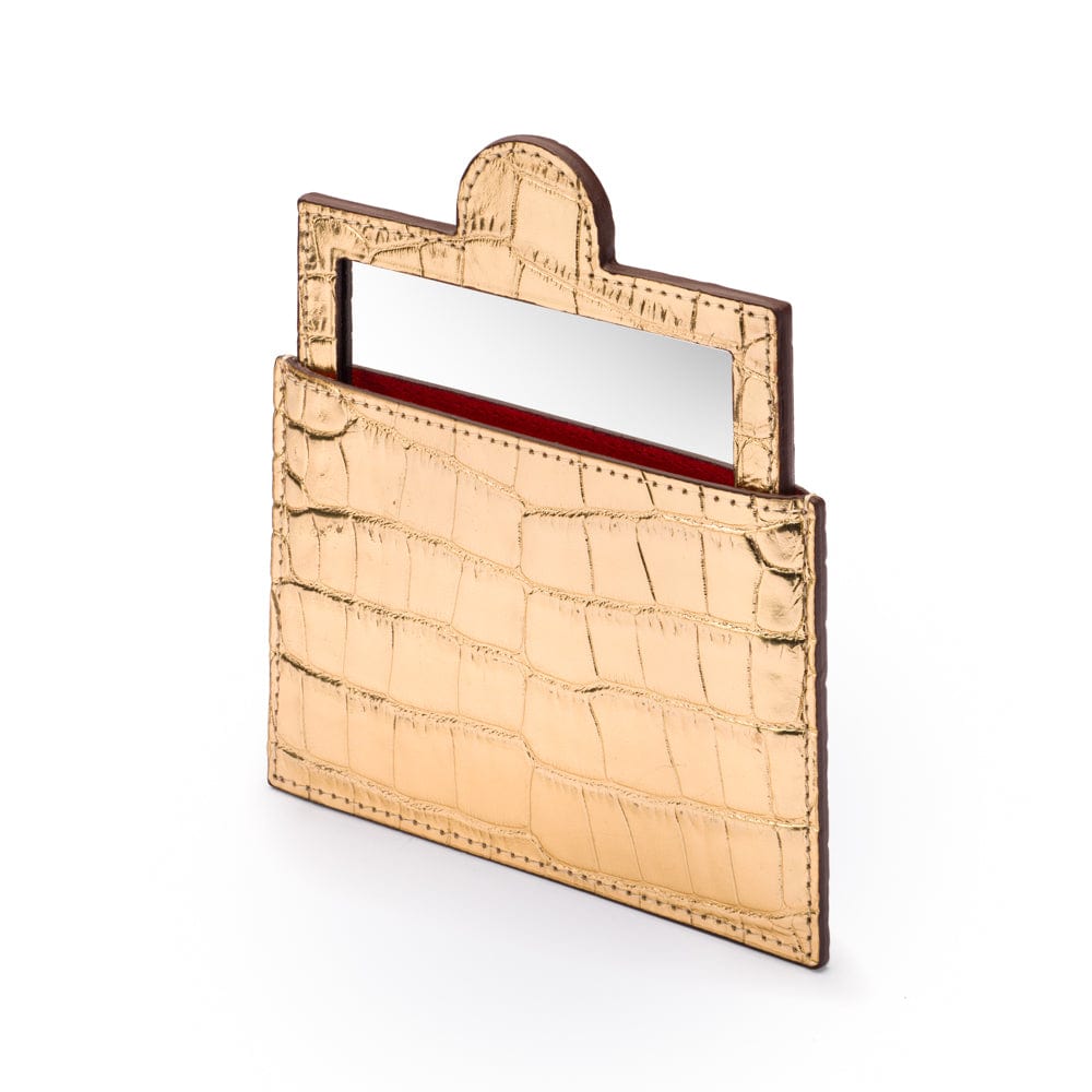 Compact leather mirror, gold croc, side