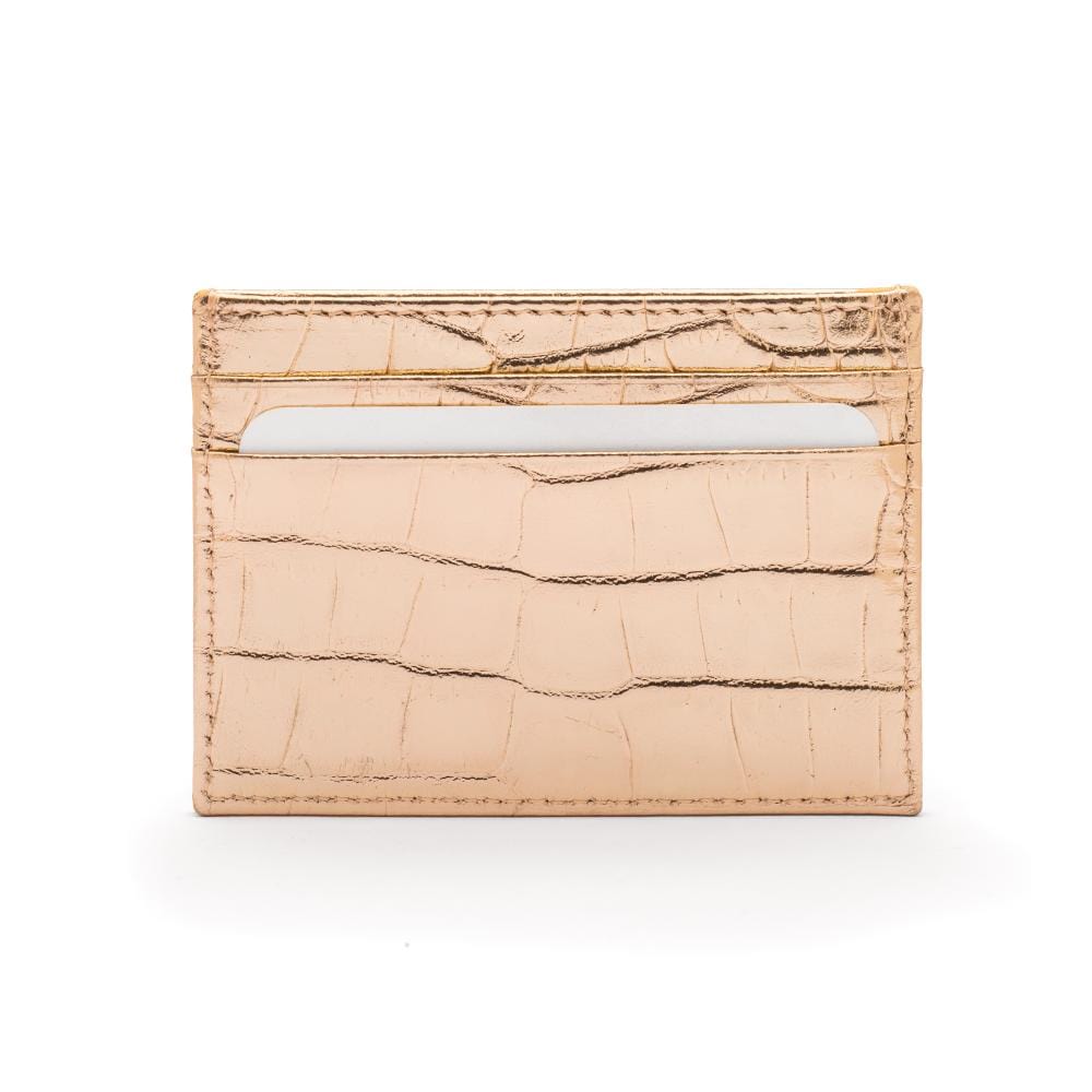 Flat leather credt card case, gold croc, front