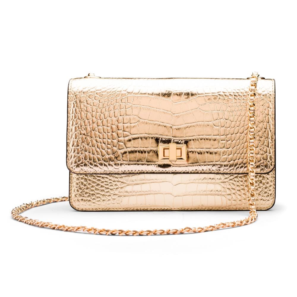 Leather chain bag, gold croc, front