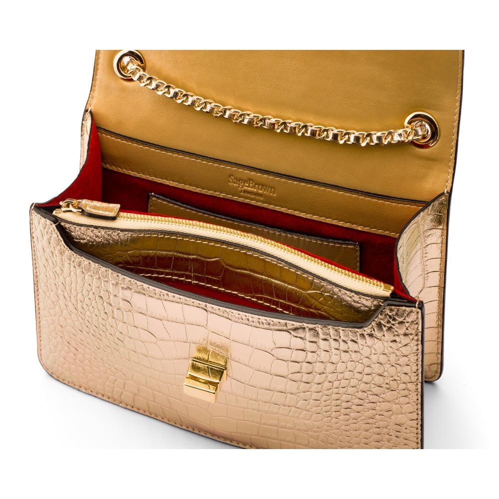 Leather chain bag, gold croc, inside