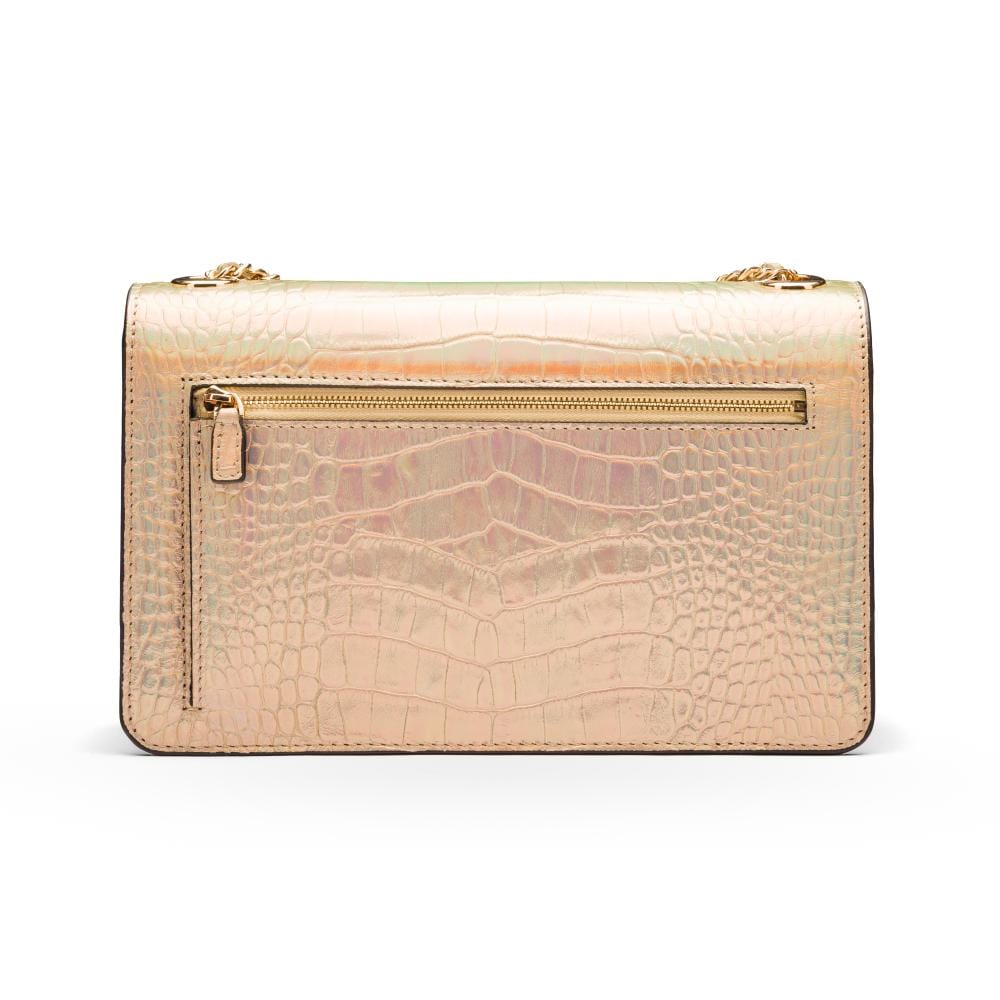 Leather chain bag, hologram gold croc, back
