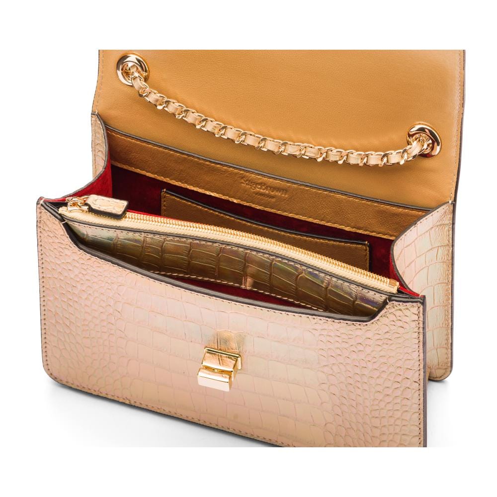Leather chain bag, hologram gold croc, inside