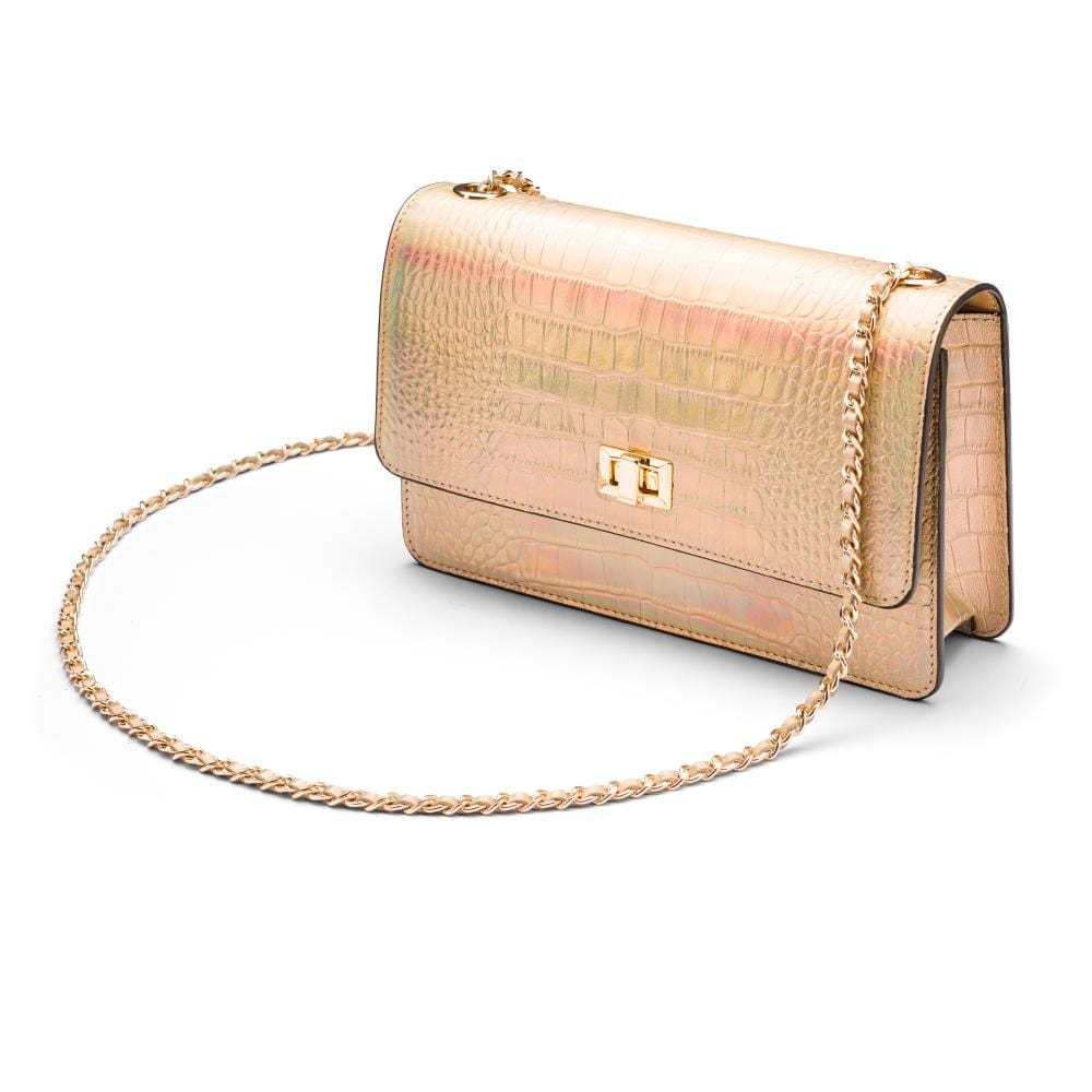 Leather chain bag, hologram gold croc, side view