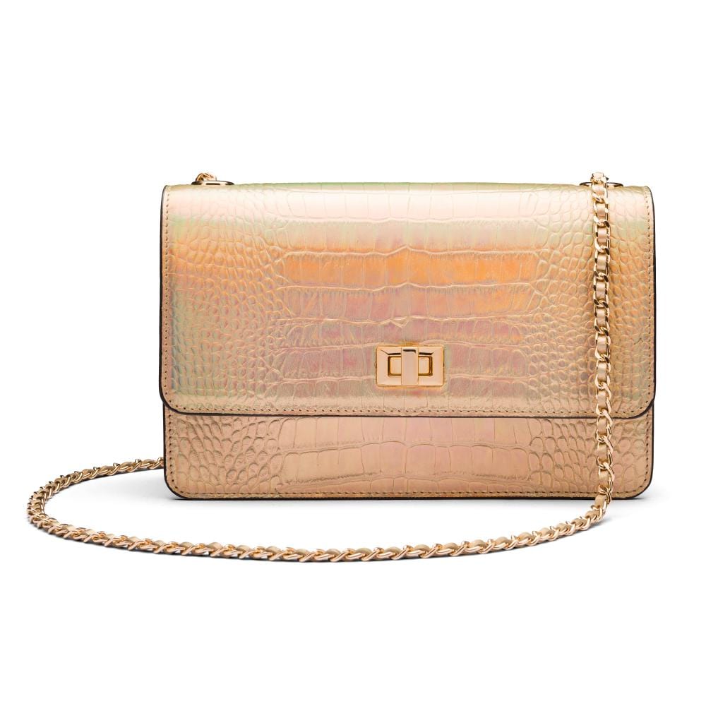 Leather chain bag, hologram gold croc, front