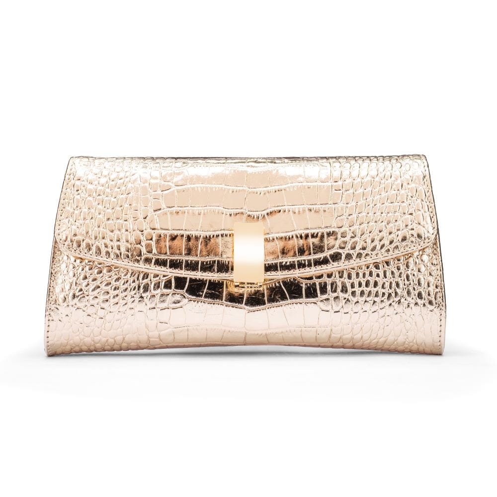 Leather clutch bag, gold croc, front