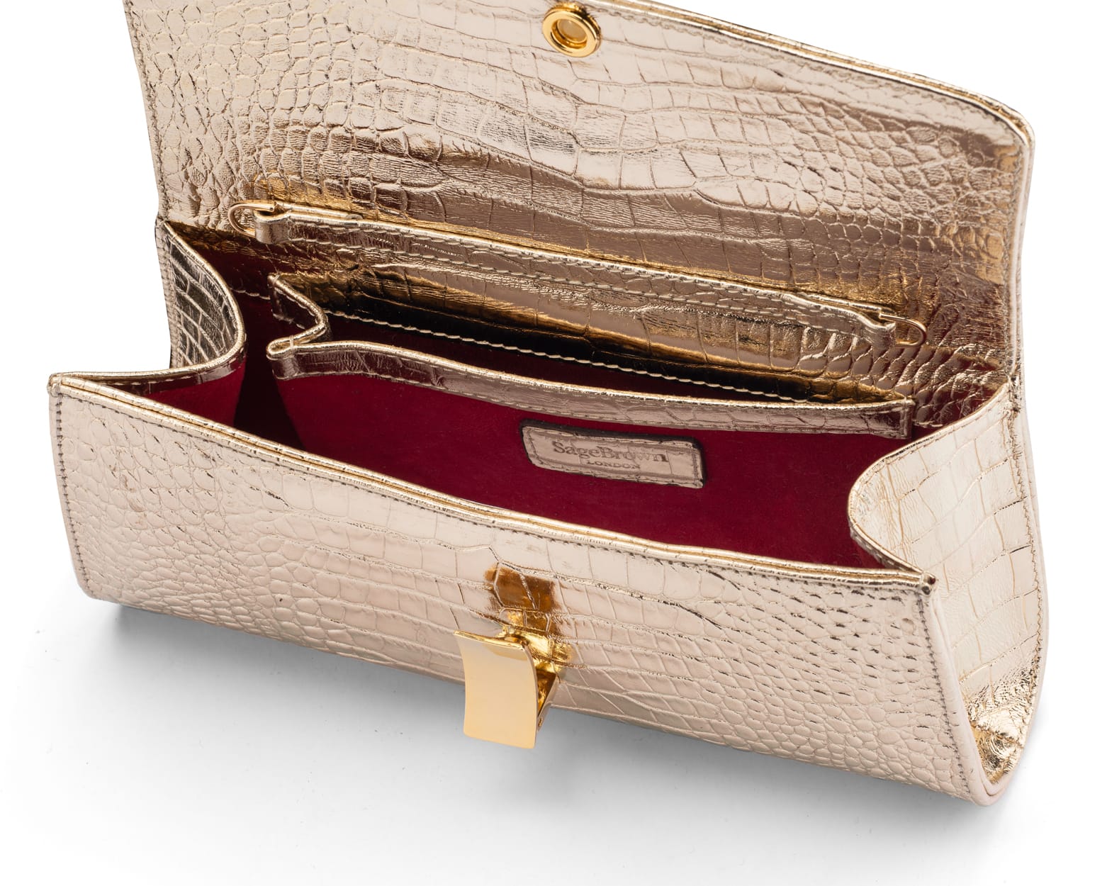 Leather clutch bag, gold croc, inside