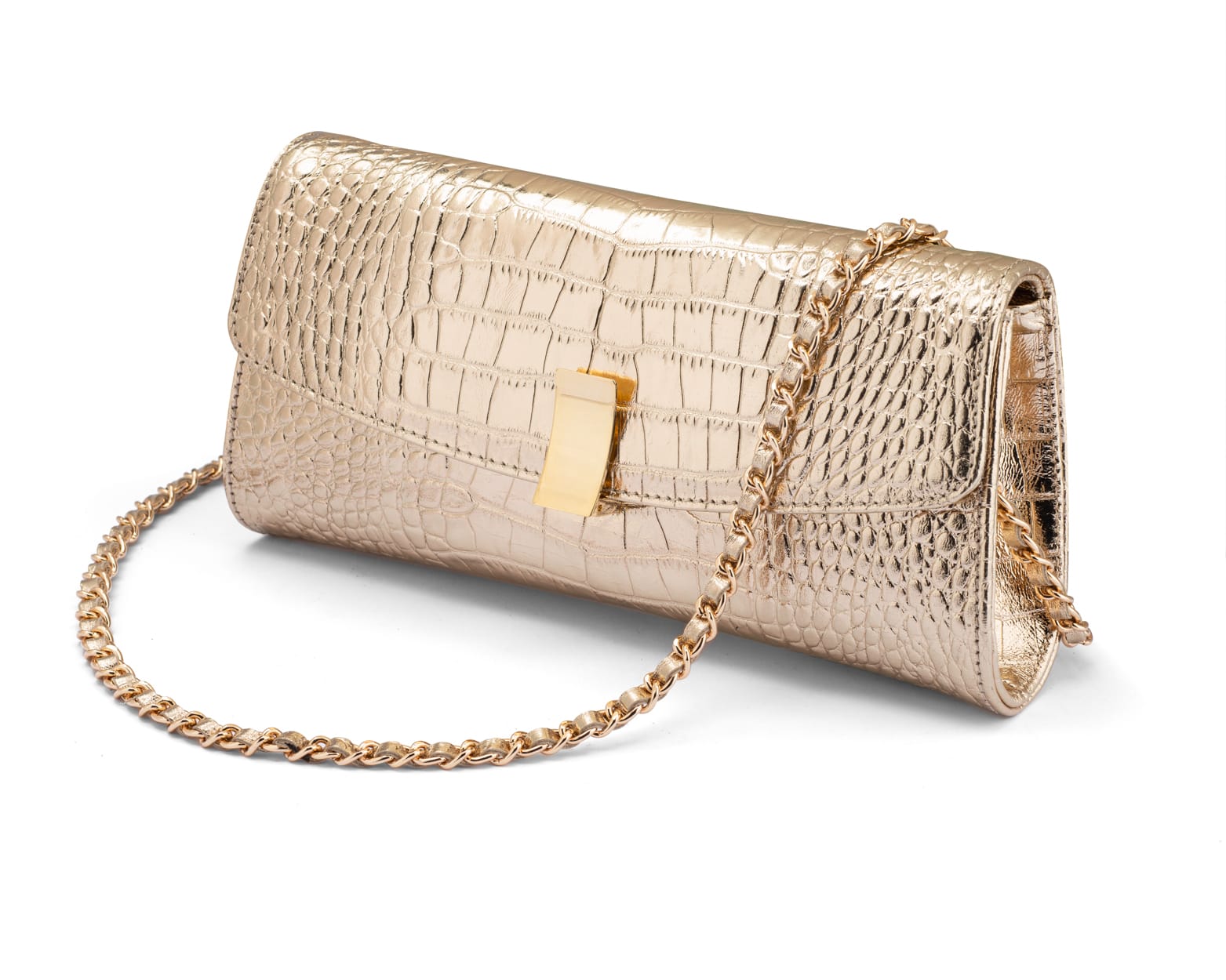 Leather clutch bag, gold croc, with long chain strap