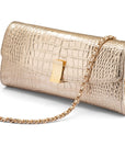 Leather clutch bag, gold croc, with long chain strap