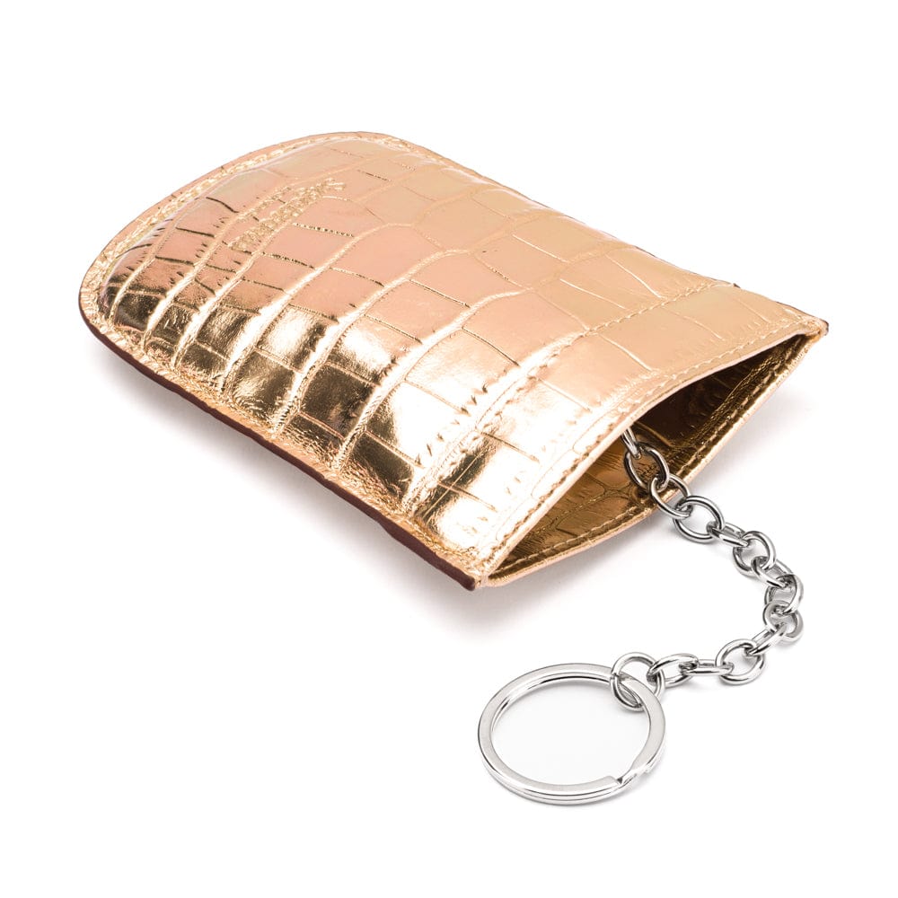 Leather key case with squeeze spring opening, gold croc, with key chain