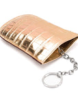 Leather key case with squeeze spring opening, gold croc, with key chain