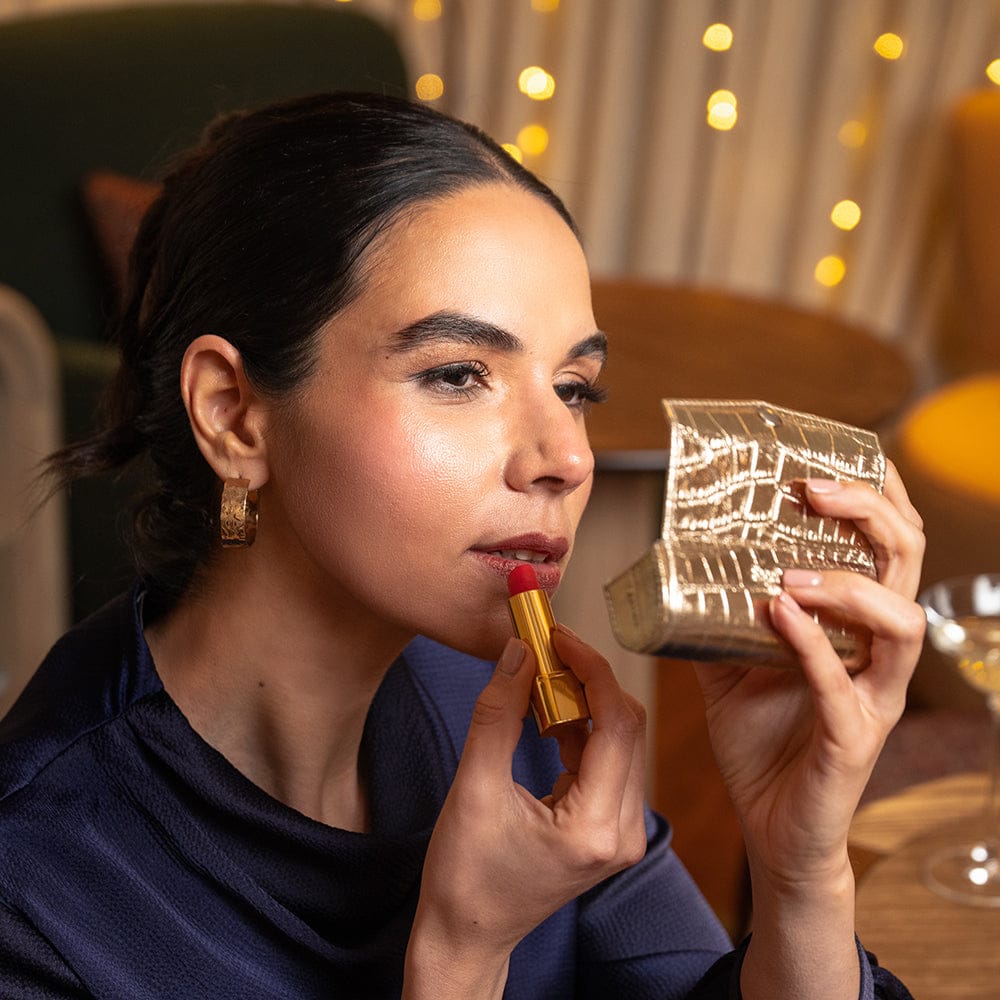 Leather lipstick case, gold croc, lifestyle