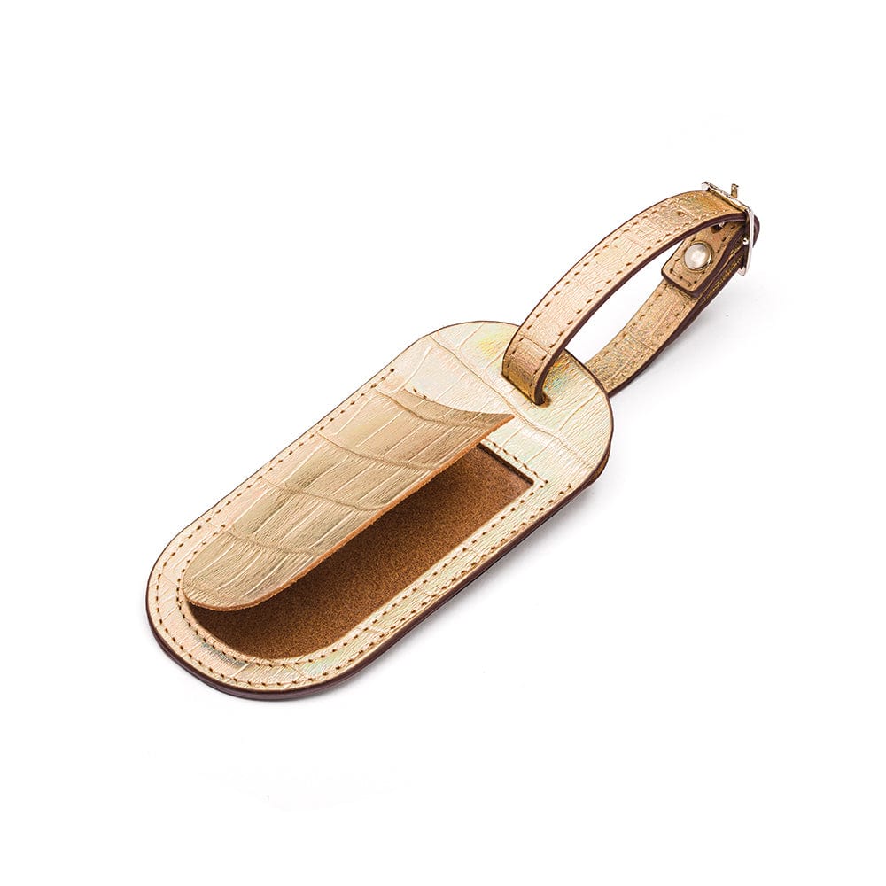 Leather luggage tag, gold croc, front open