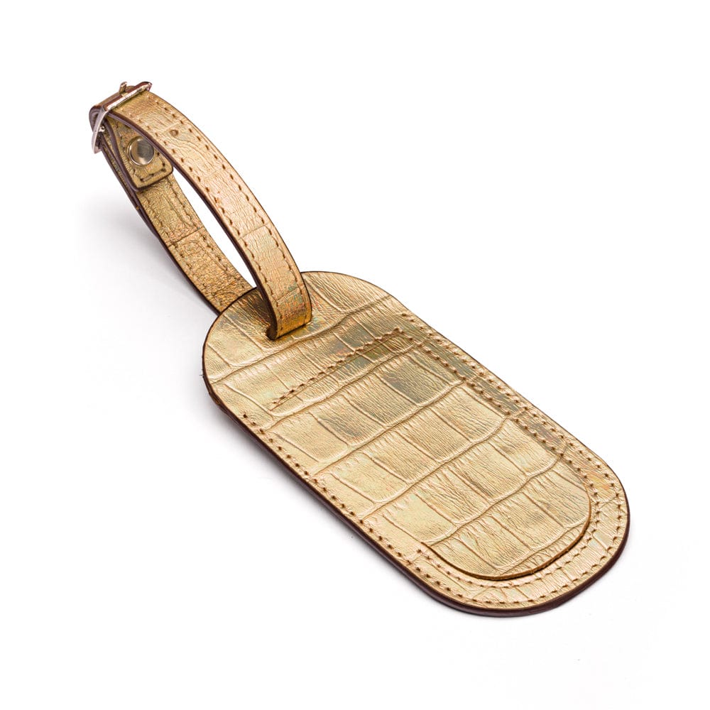 Leather luggage tag, gold croc, front