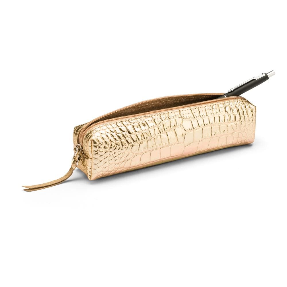 Leather pencil case, gold croc, side