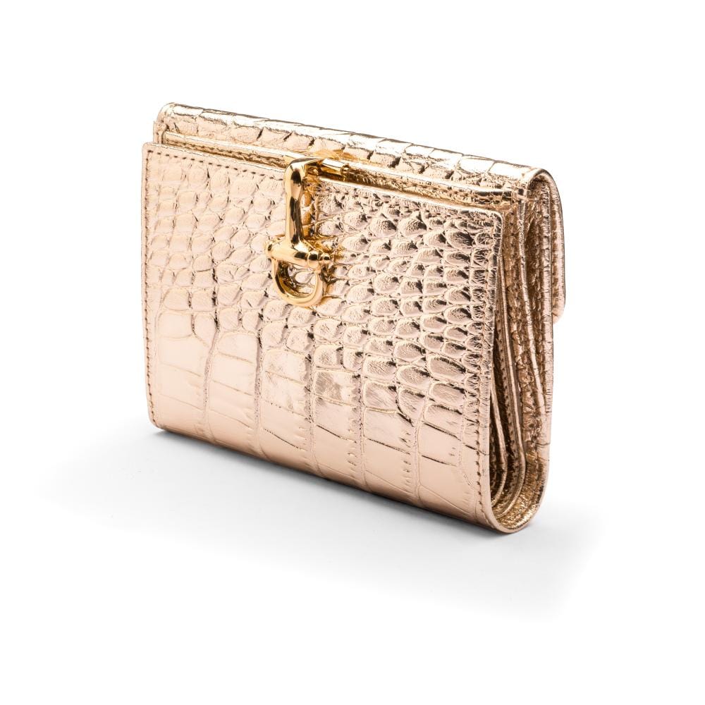 Leather purse with equestrain clasp, gold croc, front