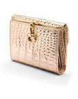 Leather purse with equestrain clasp, gold croc, front