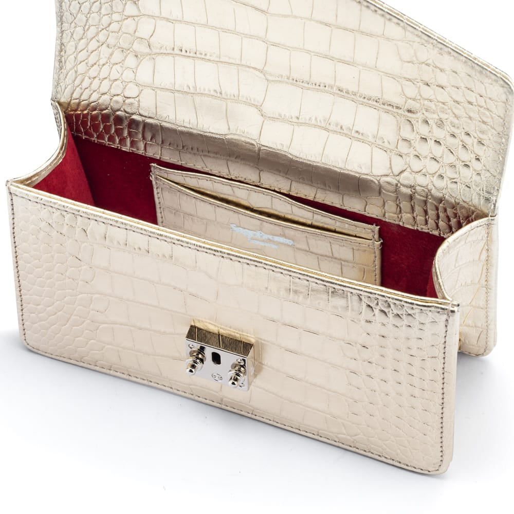 Luxury Leather Maya Top Handle Crossbody Bag, Gold Croc Effect, inside