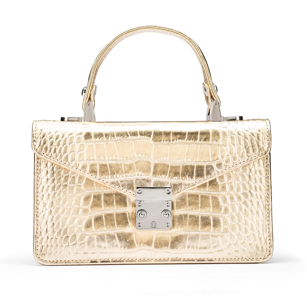 Luxury Leather Maya Top Handle Crossbody Bag, Gold Croc Effect, front