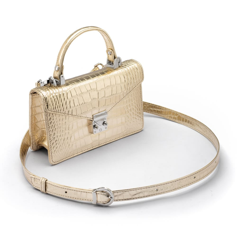 Luxury Leather Maya Top Handle Crossbody Bag, Gold Croc Effect, side