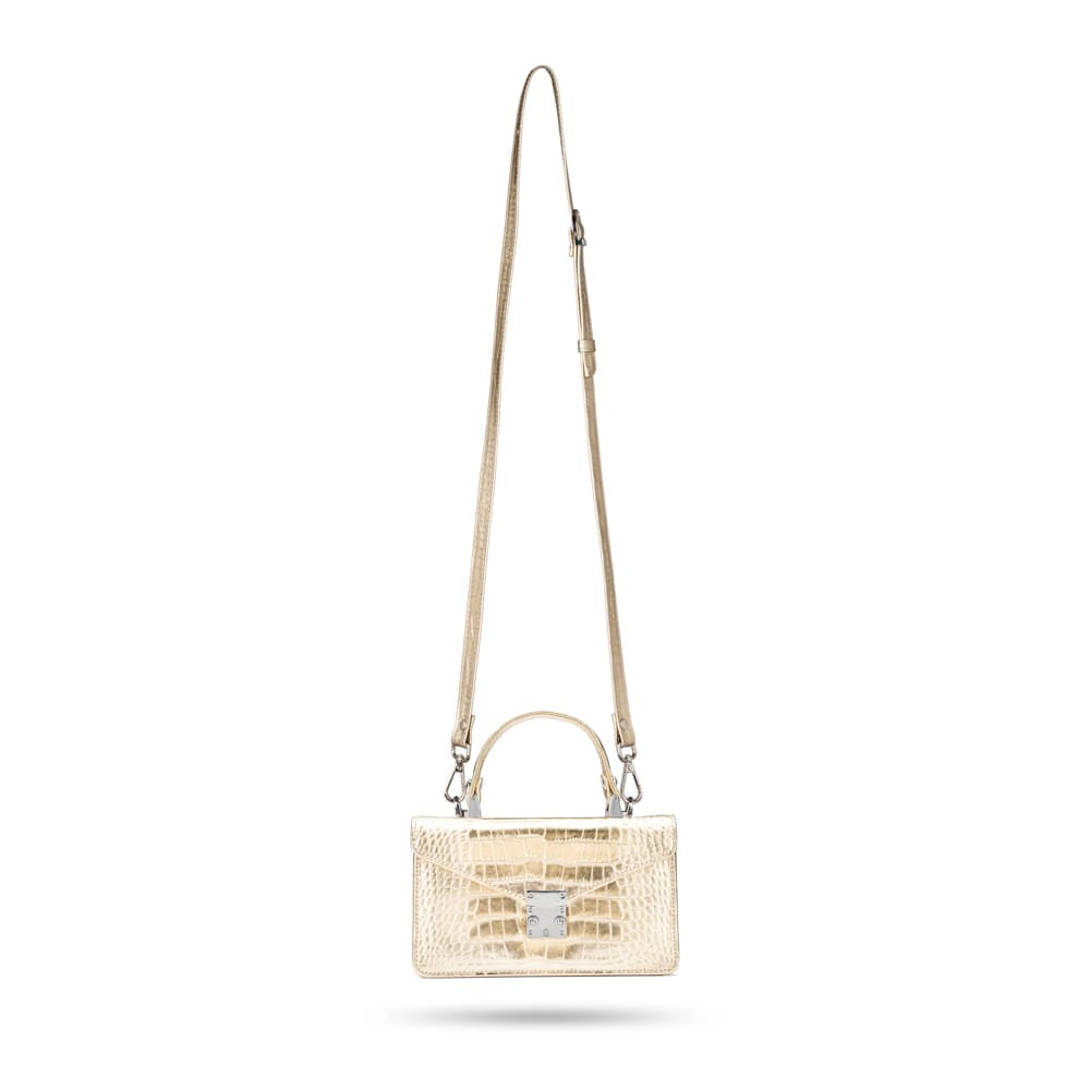 Luxury Leather Maya Top Handle Crossbody Bag, Gold Croc Effect, with long shoulder strap