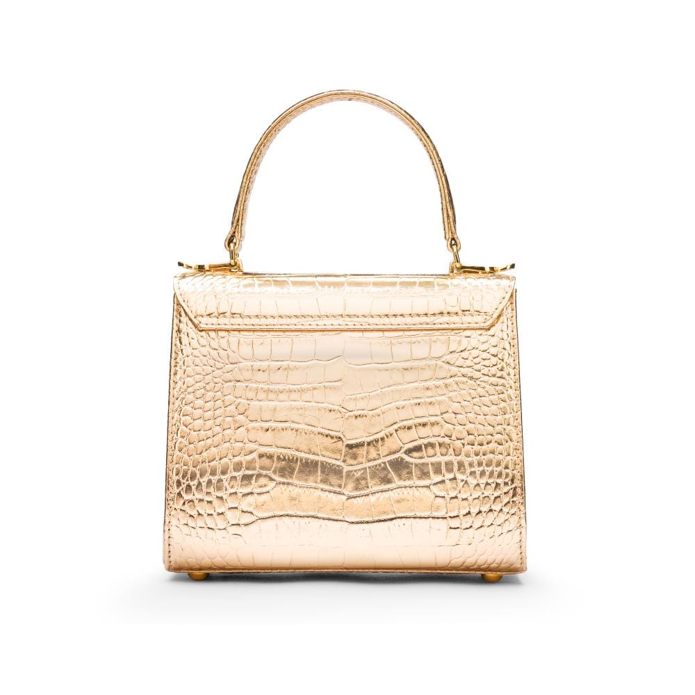 Mini leather Morgan Bag, top handle bag, gold croc, back