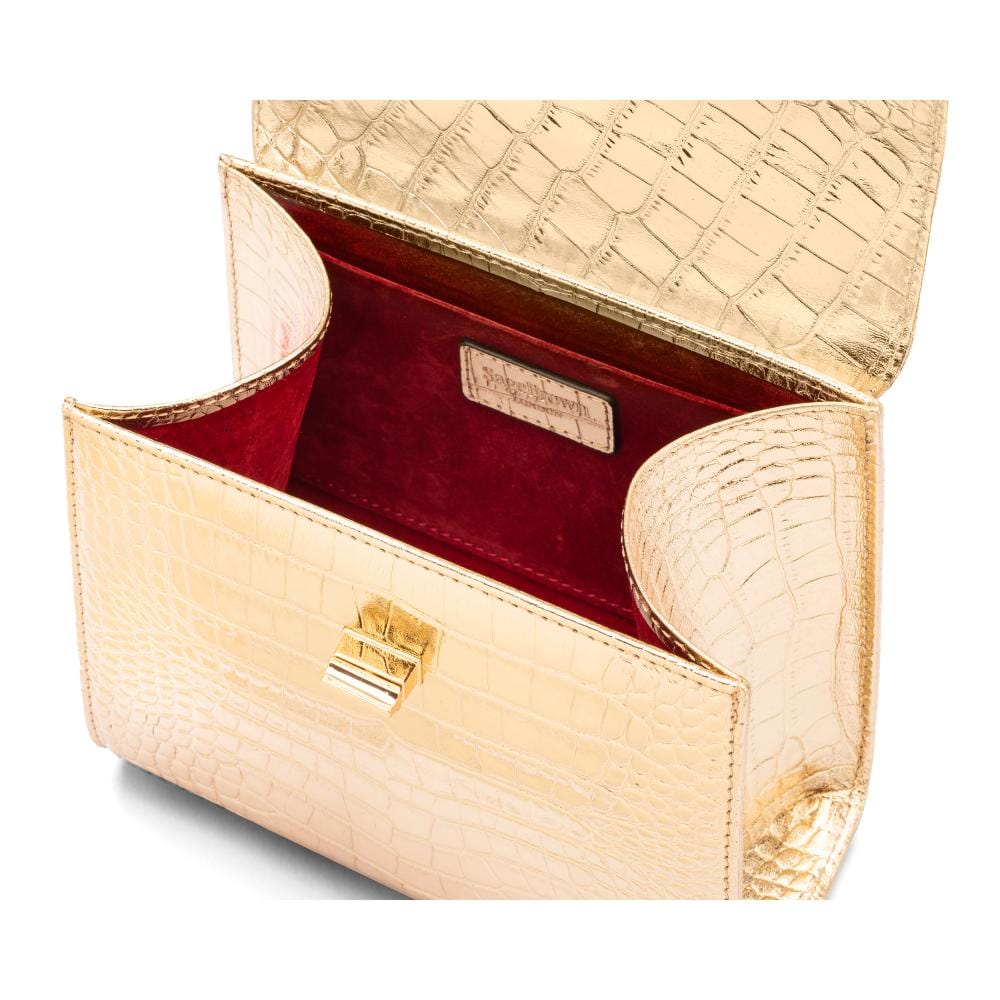 Mini leather Morgan Bag, top handle bag, gold croc, inside