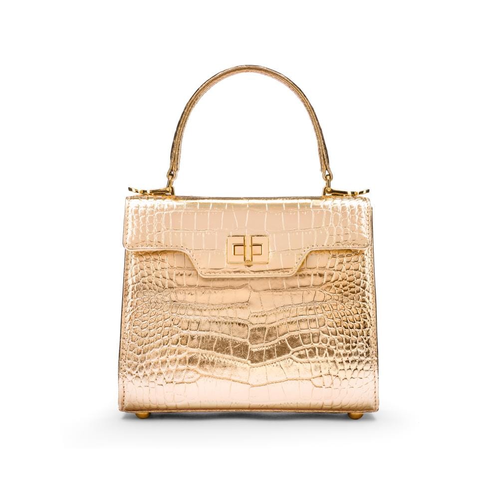 Mini leather Morgan Bag, top handle bag, gold croc, front