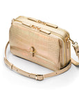 Small leather shoulder bag, gold croc, side