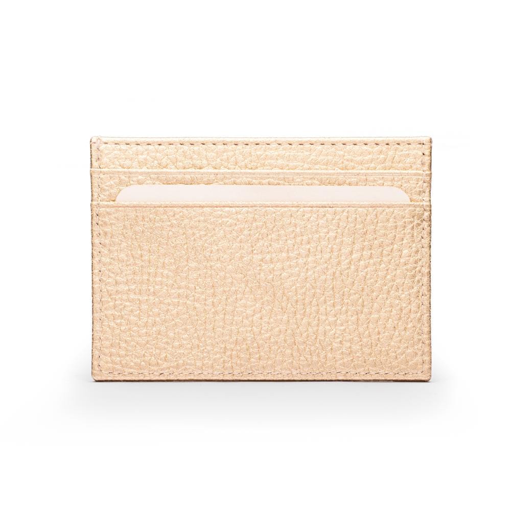 Flat leather credit card wallet 4 CC, gold pebble grain, front