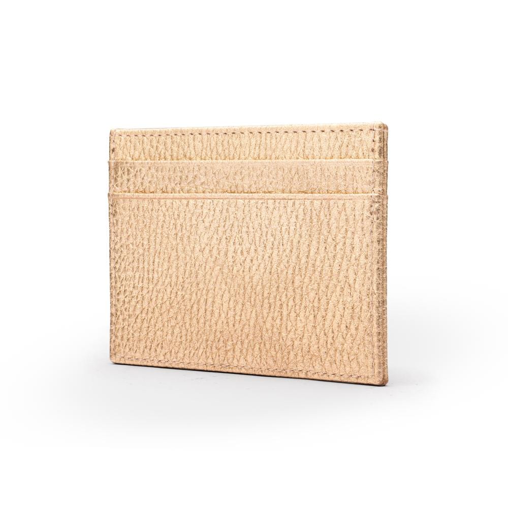 Flat leather credit card wallet 4 CC, gold pebble grain, side