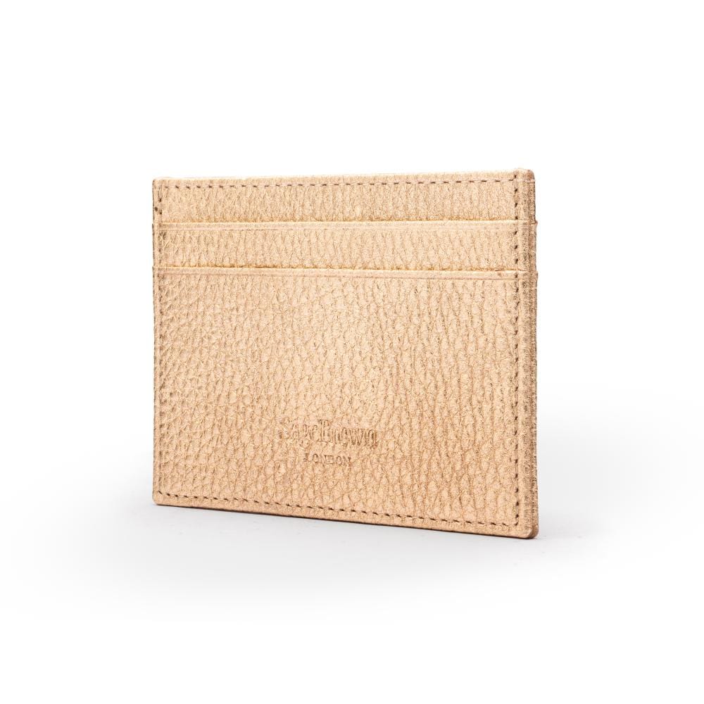 Flat leather credit card wallet 4 CC, gold pebble grain, back