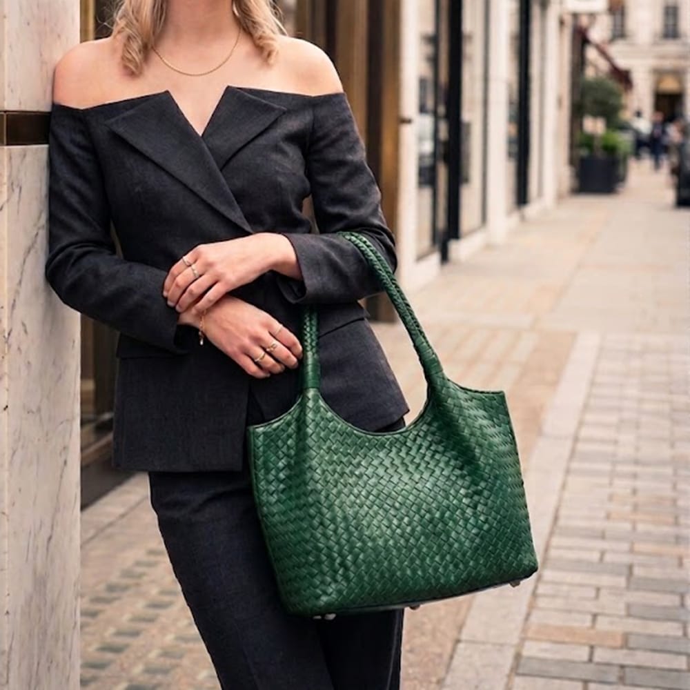 Woven leather bag, green, lifestyle