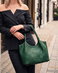 Woven leather bag, green, lifestyle
