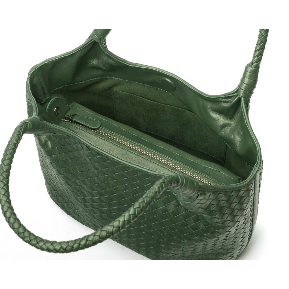 Woven leather bag, green, inside