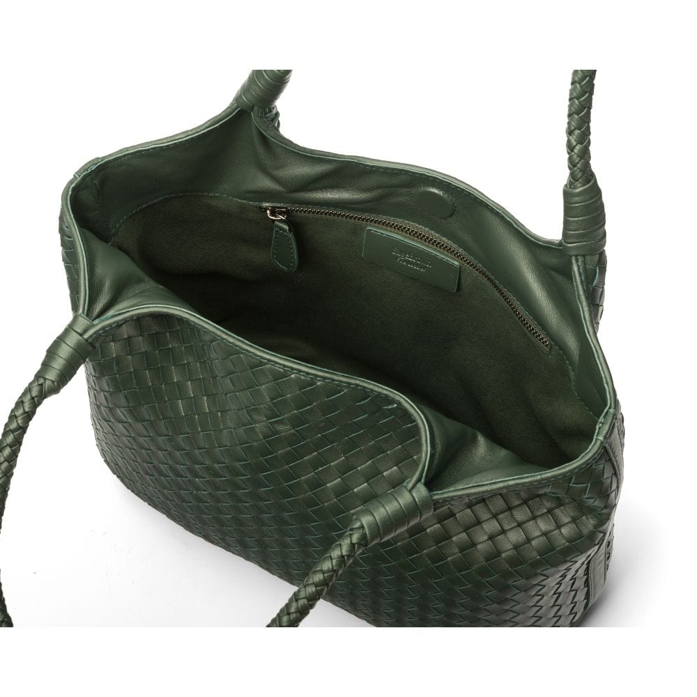 Woven leather bag, green, open